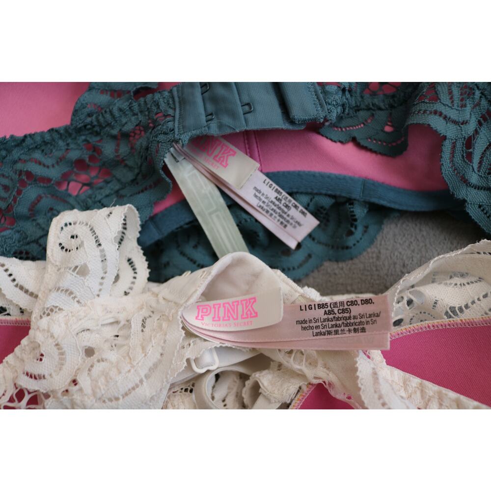 VICTORIAS SECRET PINK Halter Bra Lot Large Green White Lace High Neck Push Up - Picture 8 of 9